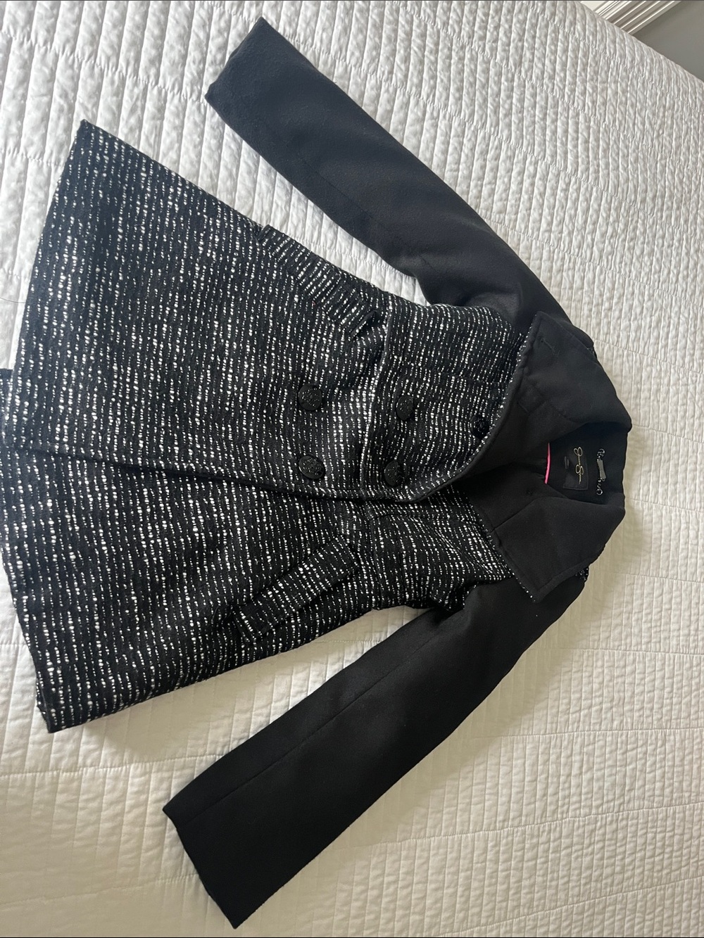 Jessica Simpson double breasted winter coat for girls. Black and white tweed